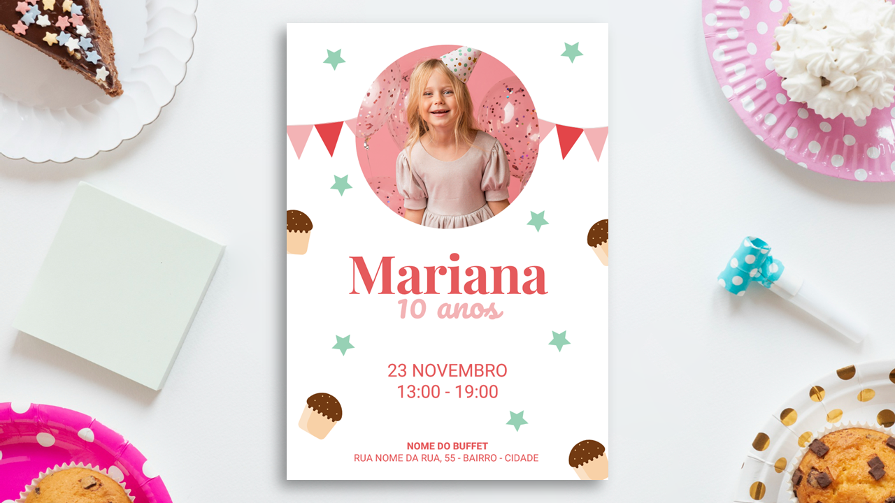 Convite Aniversário Infantil – Menina 01 – Modelo de Template em PowerPoint