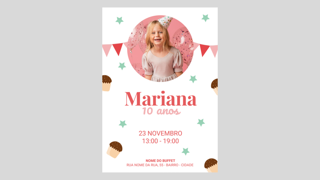 Convite Aniversário Infantil – Menina 01 – Modelo de Template em PowerPoint