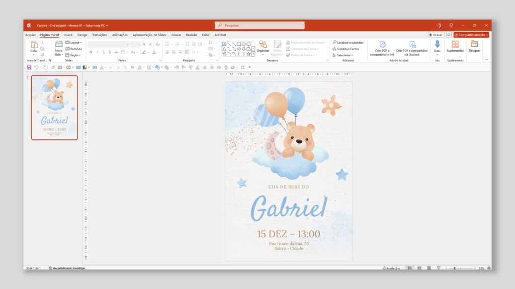 Convite Chá de Bebê – Menino 01 – Modelo de Template em PowerPoint