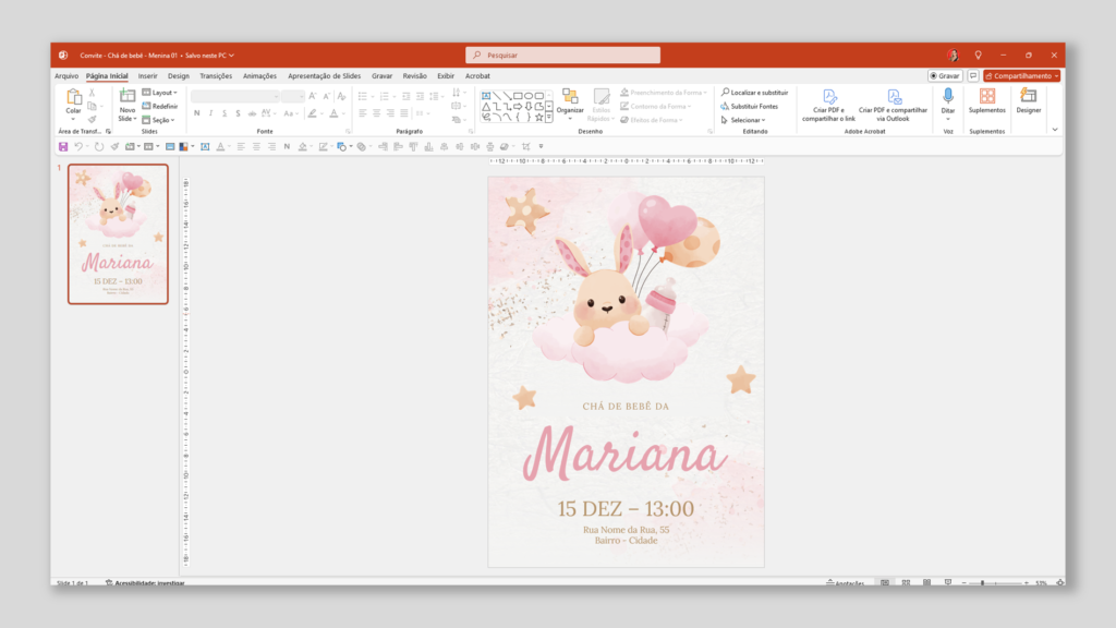 Convite Chá de Bebê – Menina 01 – Modelo de Template em PowerPoint